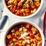 Soupe au poulet haché, à la courge et aux pois chiches